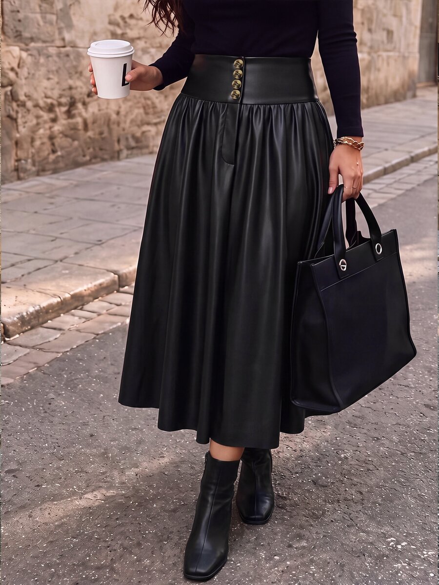 GlowEve CURVE Plus Size Women's Elegant Commuter Versatile PU Leather A-Line Ruched Skirt With Decorative Buckle, Autumn/Winter Fall - Black - View 1