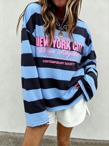 SuriyaCove 女款秋冬基礎款條紋拼色拼接圓領長袖上衣，適合返校、旅行、休閒場合 - 彩色 - 查看 5