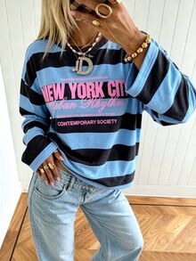 SuriyaCove 女款秋冬基礎款條紋拼色拼接圓領長袖上衣，適合返校、旅行、休閒場合 - 彩色 - 查看 3