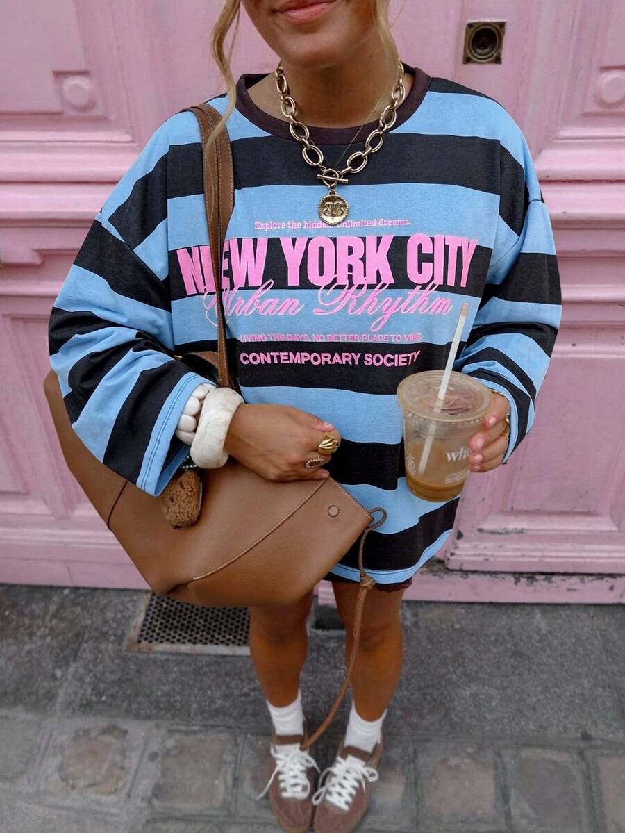 SuriyaCove 女款秋冬基礎款條紋拼色拼接圓領長袖上衣,適合返校、旅行、休閒場合 - 彩色 - 查看 1