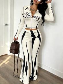 INAWLY Solva Letter Graphic Zip Up Crop Top Flare Leg Pants Set Travel Black And White Autumn Streetwear - Apricot - View 1