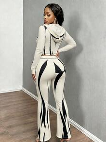 INAWLY Solva Letter Graphic Zip Up Crop Top Flare Leg Pants Set Travel Black And White Autumn Streetwear - Apricot - View 2