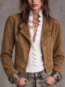 SHEIN Women Shades Of Brown Faux Suede Cropped Jacket Stand Collar Metal Snap Buttons Long Sleeve 80s Vintage Western Casual Outerwear - Brown - View 1