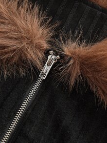 Sweetina Cold Shoulder Fuzzy Trim Crop Black Jacket In Fall/Winter,Fall, Winter - Black - View 4