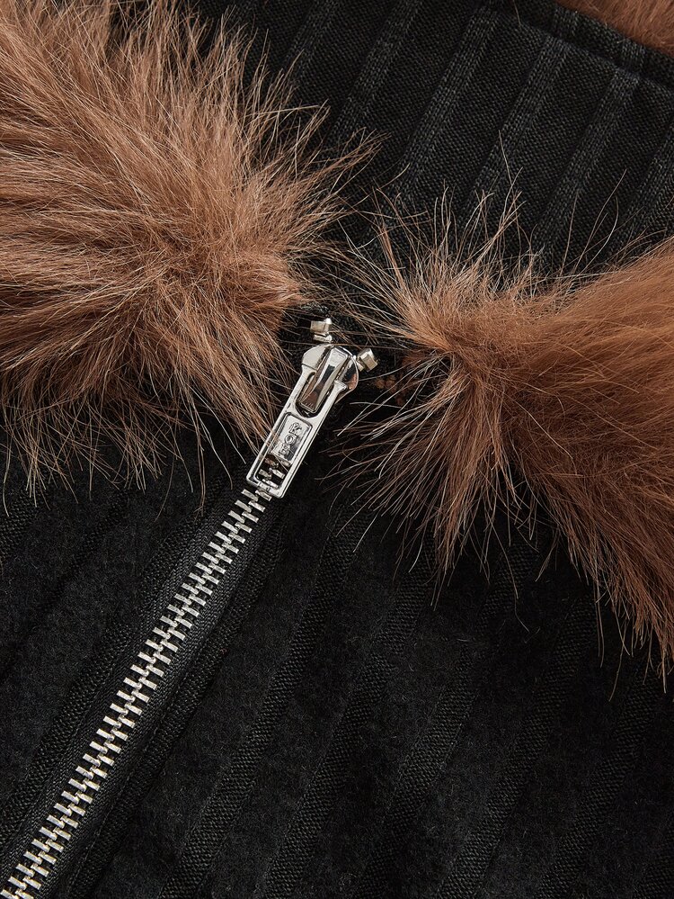 Sweetina Cold Shoulder Fuzzy Trim Crop Black Jacket In Fall/Winter,Fall, Winter - Black - View 4
