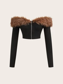 Sweetina Cold Shoulder Fuzzy Trim Crop Black Jacket In Fall/Winter,Fall, Winter - Black - View 2