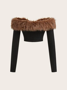 Sweetina Cold Shoulder Fuzzy Trim Crop Black Jacket In Fall/Winter,Fall, Winter - Black - View 3