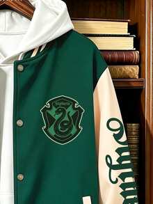 HARRY POTTER X SHEIN Manfinity Campus Court Men's Letter & Snake Graphic Colorblock Varsity Jacket, Button Front Baseball Jacket For Casual Streetwear, Daily Wear And Outings - Multicolor - View 4
