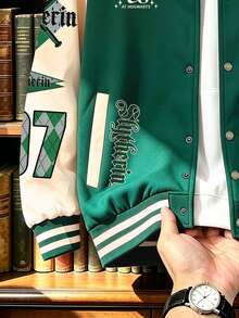 HARRY POTTER X SHEIN Manfinity Campus Court Men's Letter & Snake Graphic Colorblock Varsity Jacket, Button Front Baseball Jacket For Casual Streetwear, Daily Wear And Outings - Multicolor - View 5