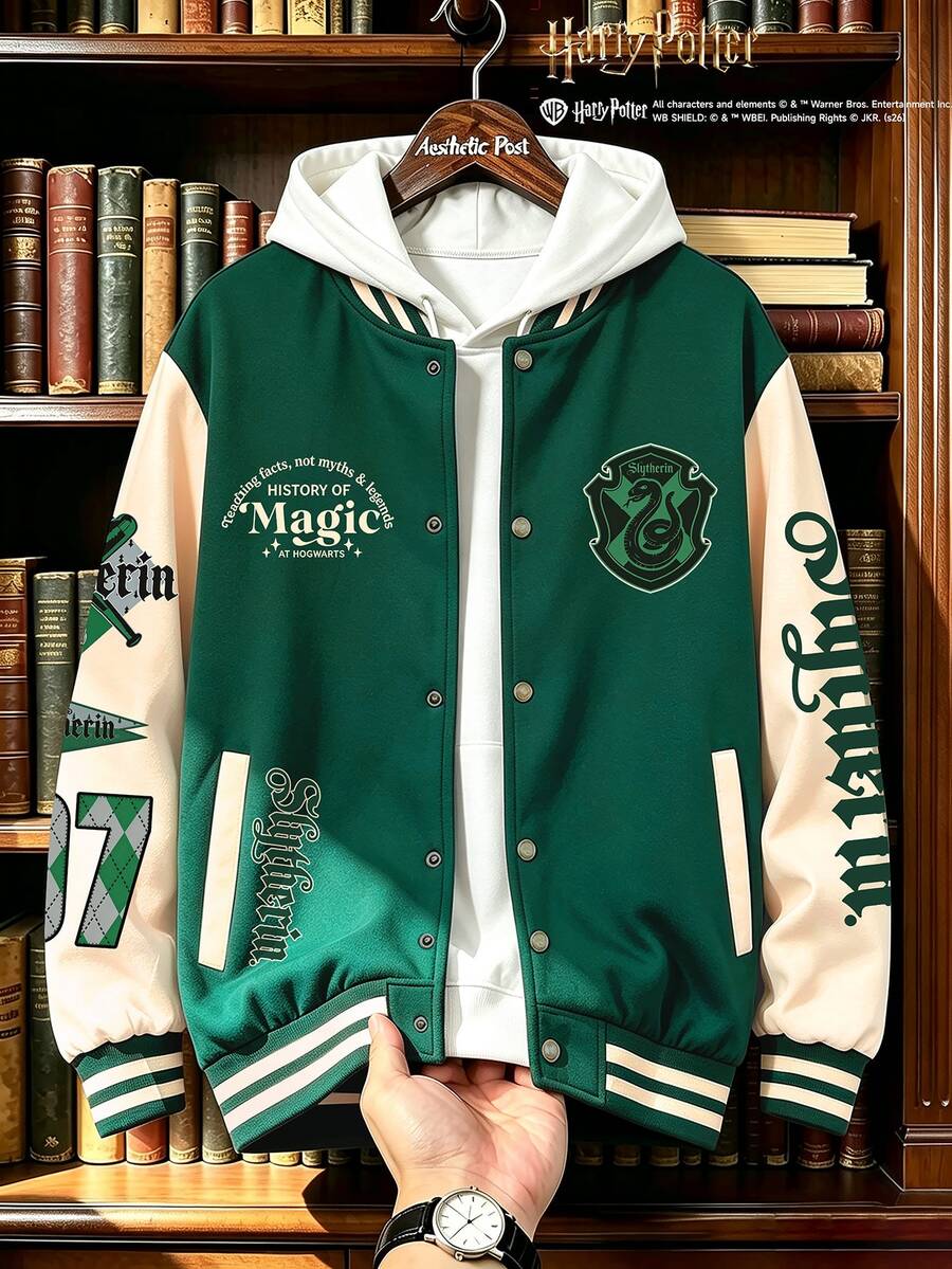 HARRY POTTER X SHEIN Manfinity Campus Court Men's Letter & Snake Graphic Colorblock Varsity Jacket, Button Front Baseball Jacket For Casual Streetwear, Daily Wear And Outings - Multicolor - View 1