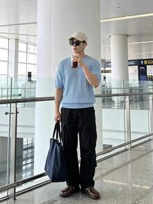 Claim Dot Men's Solid Color Knitted Crew Neck Short Sleeve Top, Fashionable For Summer - Blue - View 1