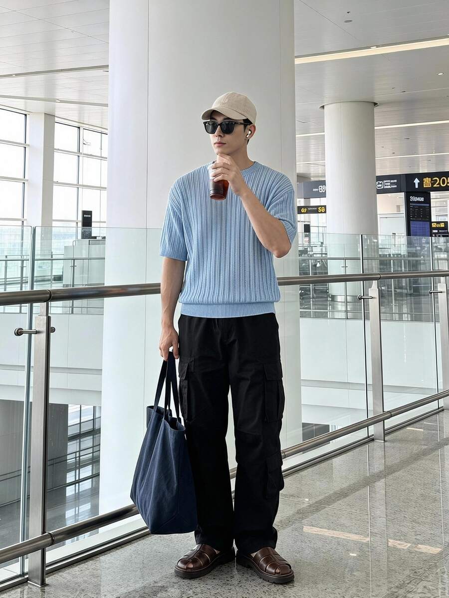 Claim Dot Men's Solid Color Knitted Crew Neck Short Sleeve Top, Fashionable For Summer - Blue - View 1