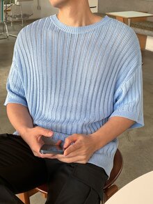 Claim Dot Men's Solid Color Knitted Crew Neck Short Sleeve Top, Fashionable For Summer - Blue - View 6