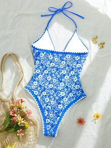 SHEIN Holidaya 女士夏季沙滩度假露背印花连体泳衣 - 藍白色 - 查看 2