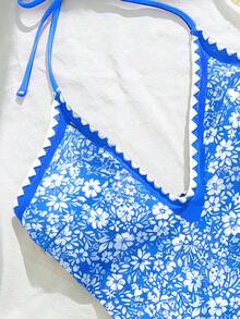 SHEIN Holidaya 女士夏季沙滩度假露背印花连体泳衣 - 藍白色 - 查看 4