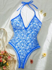 SHEIN Holidaya 女士夏季沙滩度假露背印花连体泳衣 - 藍白色 - 查看 3