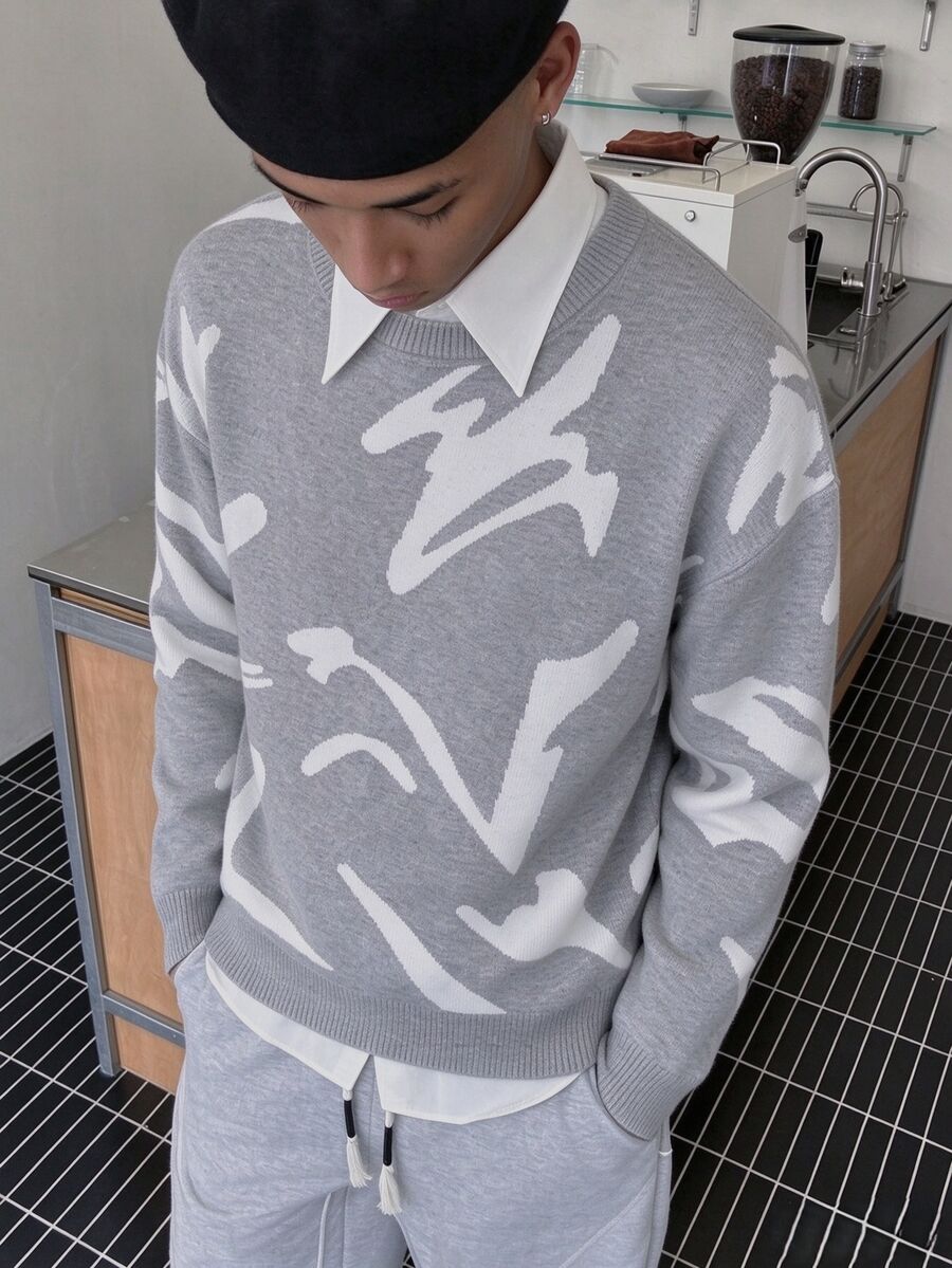 Claim Dot Men's Colorblock Crew Neck Long Sleeve Casual Versatile Sweater - Grey - View 1