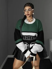 Maweii Autumn/Winter Round Neck Drop Shoulder Long Sleeve Letter Jacquard Color Block Design Retro Sporty Street Hip Hop Casual Versatile 2026 Newest Plus Size Pullover Sweater - Multicolor - View 5