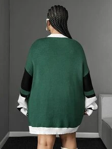 Maweii Autumn/Winter Round Neck Drop Shoulder Long Sleeve Letter Jacquard Color Block Design Retro Sporty Street Hip Hop Casual Versatile 2026 Newest Plus Size Pullover Sweater - Multicolor - View 4