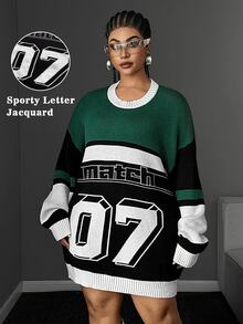 Maweii Autumn/Winter Round Neck Drop Shoulder Long Sleeve Letter Jacquard Color Block Design Retro Sporty Street Hip Hop Casual Versatile 2026 Newest Plus Size Pullover Sweater - Multicolor - View 2