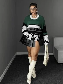 Maweii Autumn/Winter Round Neck Drop Shoulder Long Sleeve Letter Jacquard Color Block Design Retro Sporty Street Hip Hop Casual Versatile 2026 Newest Plus Size Pullover Sweater - Multicolor - View 3