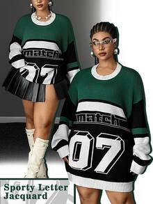Maweii Autumn/Winter Round Neck Drop Shoulder Long Sleeve Letter Jacquard Color Block Design Retro Sporty Street Hip Hop Casual Versatile 2026 Newest Plus Size Pullover Sweater - Multicolor - View 1