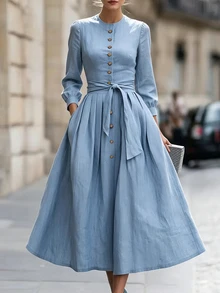 RosyDaze Women's Spring/Autumn New Elegant Fashion Commute Round Neck Button Front Design French Style Long Sleeve A-Line Cinched Waist Waist Tie Cinched Long Dress - Blue - View 7