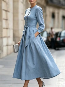 RosyDaze Women's Spring/Autumn New Elegant Fashion Commute Round Neck Button Front Design French Style Long Sleeve A-Line Cinched Waist Waist Tie Cinched Long Dress - Blue - View 5