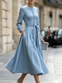 RosyDaze Women's Spring/Autumn New Elegant Fashion Commute Round Neck Button Front Design French Style Long Sleeve A-Line Cinched Waist Waist Tie Cinched Long Dress - Blue - View 6