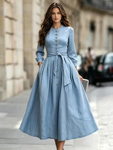 RosyDaze Women's Spring/Autumn New Elegant Fashion Commute Round Neck Button Front Design French Style Long Sleeve A-Line Cinched Waist Waist Tie Cinched Long Dress - Blue - View 2