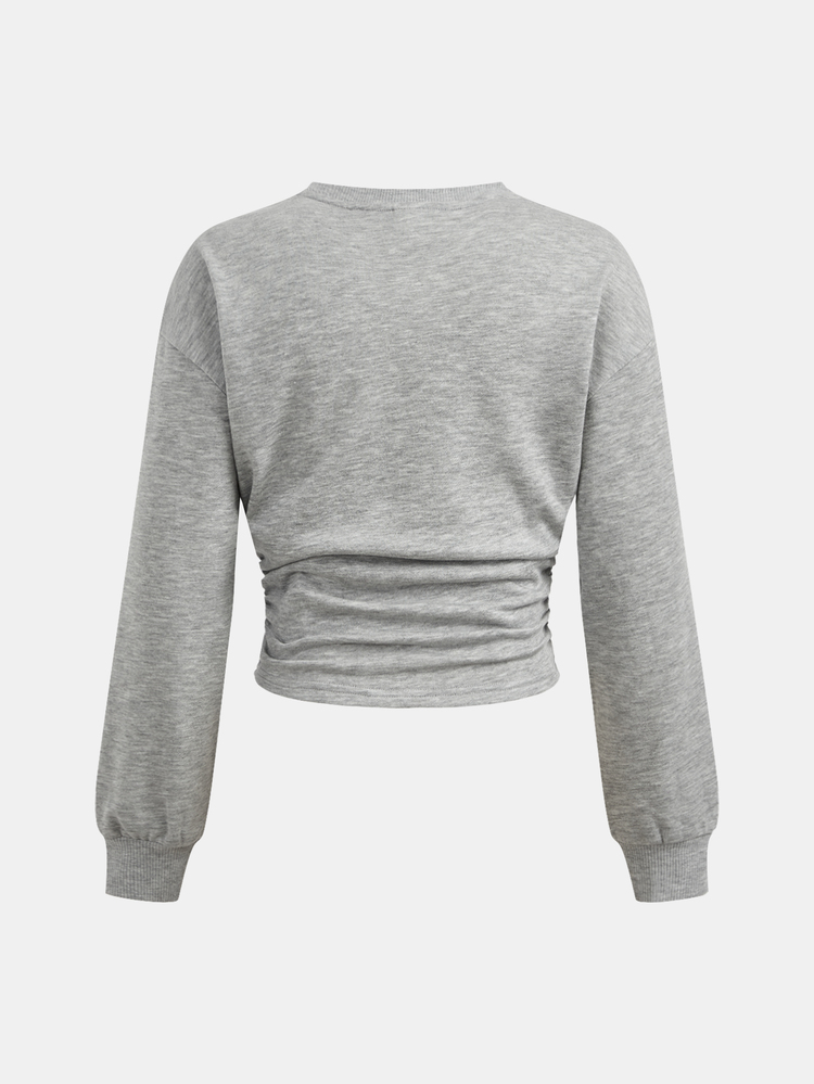 Teen Girls Fall/Winter Back To Basic Solid Color Pleated Asymmetrical Neck Long Sleeve Pullover - White - View 2