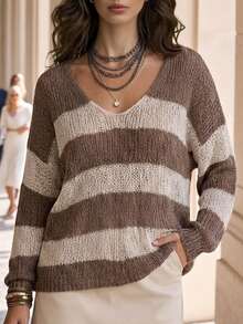 Editum Sweater V-Neck Bergaris Blok Warna Kasual untuk Liburan Wanita, Atasan Dasar untuk Keluar di Musim Gugur - Khaki - View 4