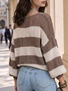Editum Sweater V-Neck Bergaris Blok Warna Kasual untuk Liburan Wanita, Atasan Dasar untuk Keluar di Musim Gugur - Khaki - View 3