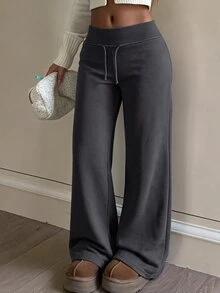 SHEIN 青少年女孩灰色針織抽繩休閒長褲返校冬季款 - 深灰色 - 查看 1