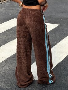 Muchica Autumn/Winter New Brown Plush Ribbon Patchwork Casual Loose Long Pants, Suitable For Outings - Brown - View 2