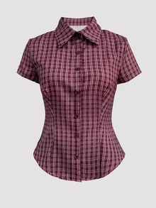 SHEIN 淺黃色細格紋領短袖襯衫 - 玫紅色 - 查看 4