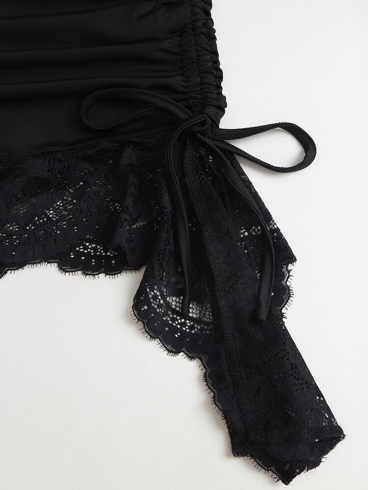 Sweetra New Summer Lace Patchwork Asymmetric Hem Drawstring Tie Design Cowl Neck Backless Elegant Commuter Fashion Mini Dress - Black - View 5