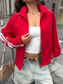 Muchica Jaket Wanita Lengan Panjang Kasual Sehari-hari Motif Blok Warna untuk Musim Dingin: Model Rajut Merah Kerah Tinggi dengan Tali Serut di Pinggang dan Detail Ikat Leher untuk Berolahraga - Aprikot - View 5