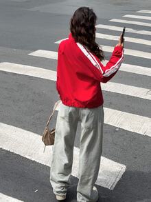 Muchica Jaket Wanita Lengan Panjang Kasual Sehari-hari Motif Blok Warna untuk Musim Dingin: Model Rajut Merah Kerah Tinggi dengan Tali Serut di Pinggang dan Detail Ikat Leher untuk Berolahraga - Aprikot - View 2