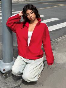 Muchica Jaket Wanita Lengan Panjang Kasual Sehari-hari Motif Blok Warna untuk Musim Dingin: Model Rajut Merah Kerah Tinggi dengan Tali Serut di Pinggang dan Detail Ikat Leher untuk Berolahraga - Aprikot - View 3