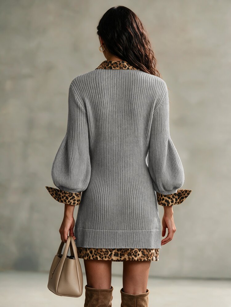 Balvessa Women's Slim Fit Ribbed V-Neck Sweater With Leopard Print Contrast Lapel, Lantern Long Sleeves And Side Slit Hem - Grey - View 2