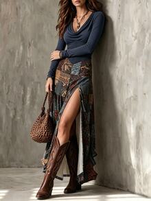 Glimmora Women's Cowl Neck Long Sleeve Patchwork Pattern Side Slit Hem Casual Dress - Multicolor - View 3