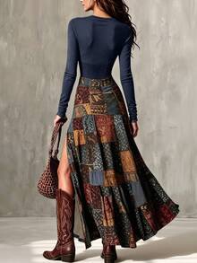Glimmora Women's Cowl Neck Long Sleeve Patchwork Pattern Side Slit Hem Casual Dress - Multicolor - View 2