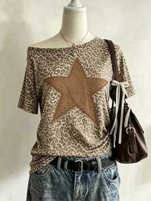 Rovax Y2K Leopard Print Retro Star Pattern Asymmetrical Shoulder Loose Top, Comfortable Casual Short Sleeve T-Shirt, Suitable For Daily Gatherings And Casual Outfits - Multicolor - View 5