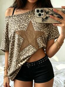 Rovax Y2K Leopard Print Retro Star Pattern Asymmetrical Shoulder Loose Top, Comfortable Casual Short Sleeve T-Shirt, Suitable For Daily Gatherings And Casual Outfits - Multicolor - View 4