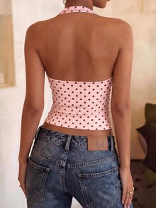 Rovax Fashion Casual Basic Pink Base With Brown Polka Dot Print U-Neck Tank Top - Multicolor - View 2