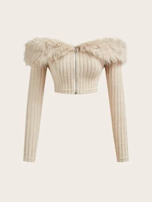 Sweetina Chaqueta corta rosa con hombros descubiertos y ribete de peluche para otoño/invierno - Beis - Ver 2