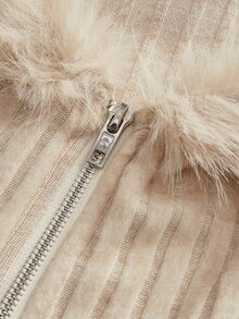 Sweetina Chaqueta corta rosa con hombros descubiertos y ribete de peluche para otoño/invierno - Beis - Ver 4