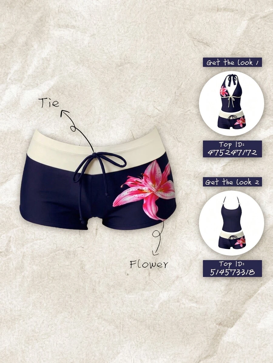 Elavelle Women's Flower Graphic Elegant Swimwear Bottom, Summer/Fall Pool Party Vacation Navy Blue Tropical - Multicolor - View 1