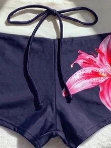 Elavelle Women's Flower Graphic Elegant Swimwear Bottom, Summer/Fall Pool Party Vacation Navy Blue Tropical - Multicolor - View 4